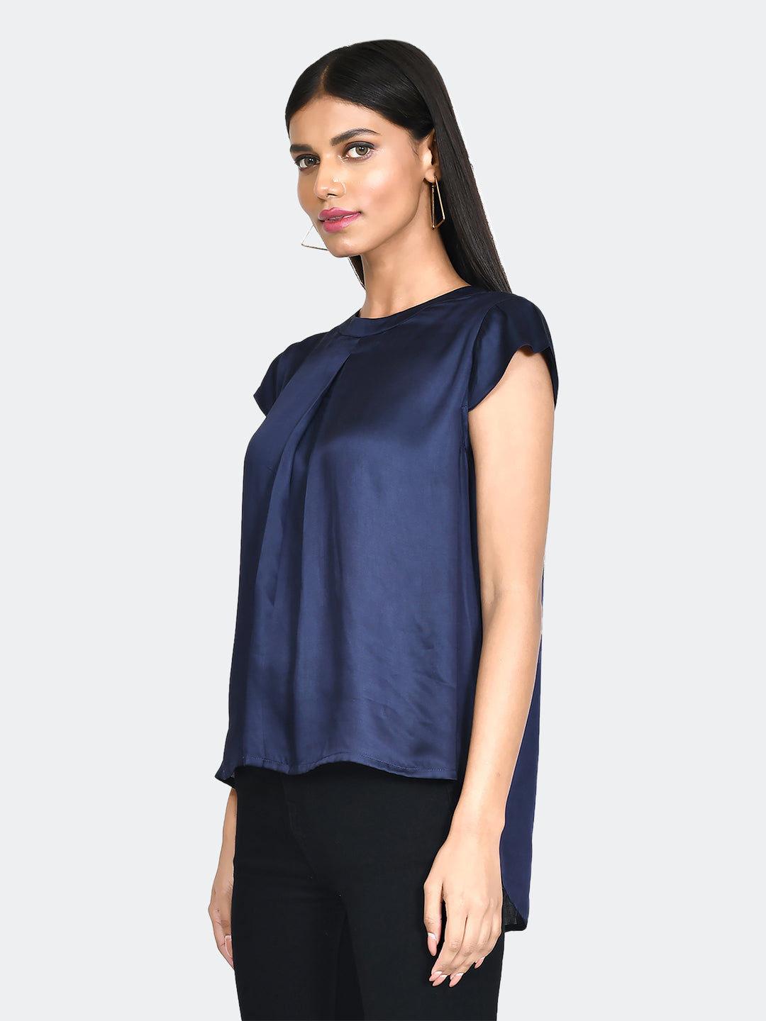 Blue Solid Pleated Top