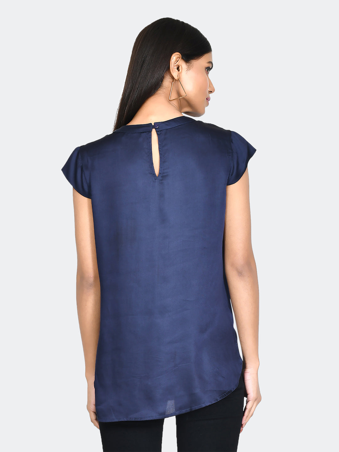 Blue Solid Pleated Top For Women