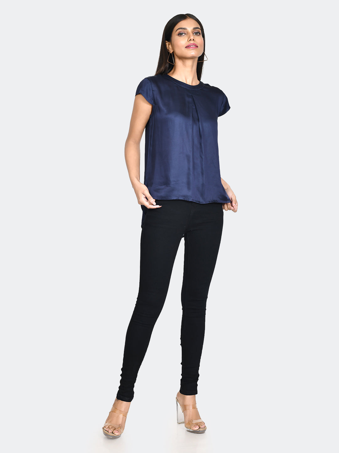 Blue Solid Pleated Top For Women
