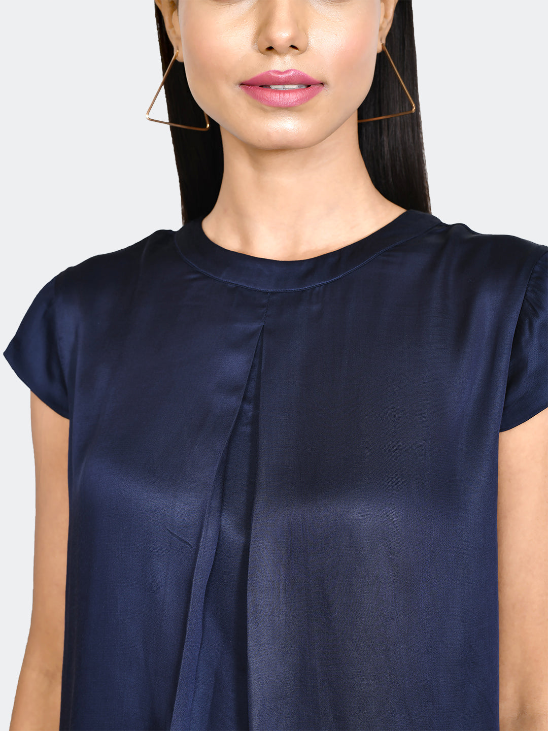 Blue Solid Pleated Top For Women