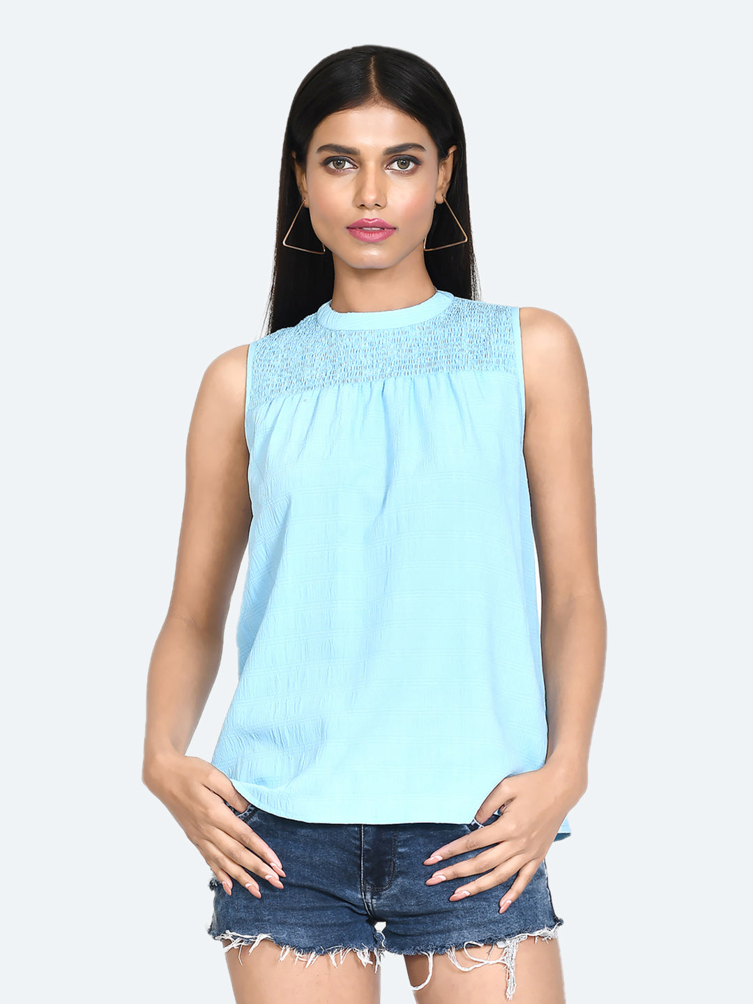 Blue Solid Gathered Top