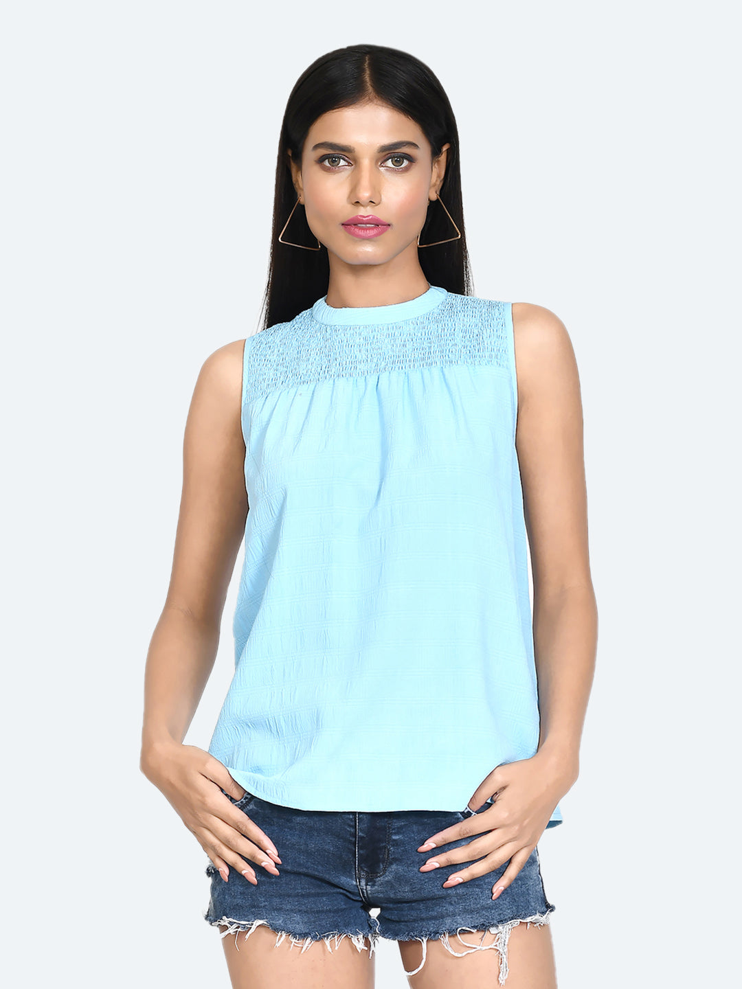 Blue Solid Gathered Top For Women