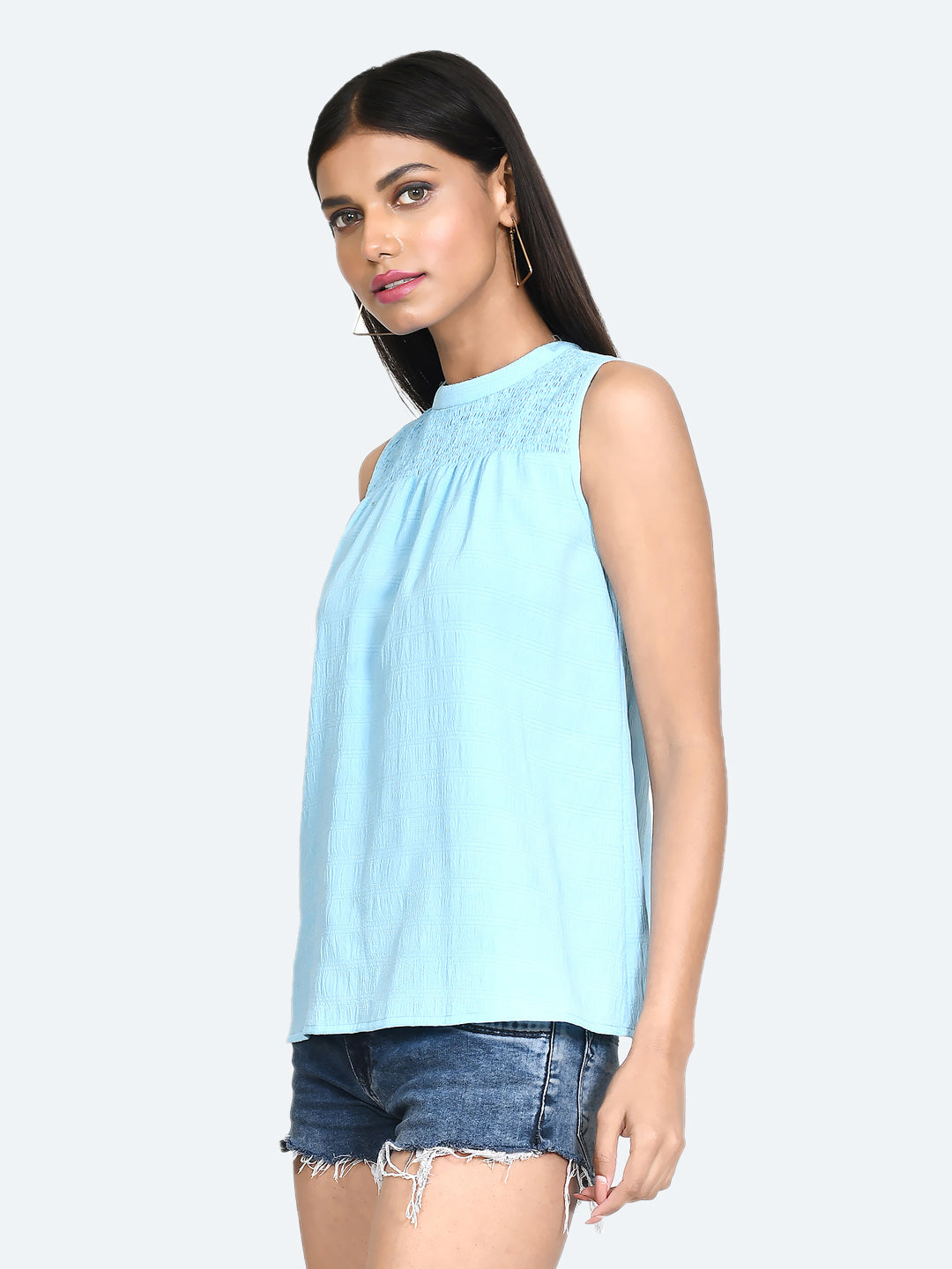 Blue Solid Gathered Top