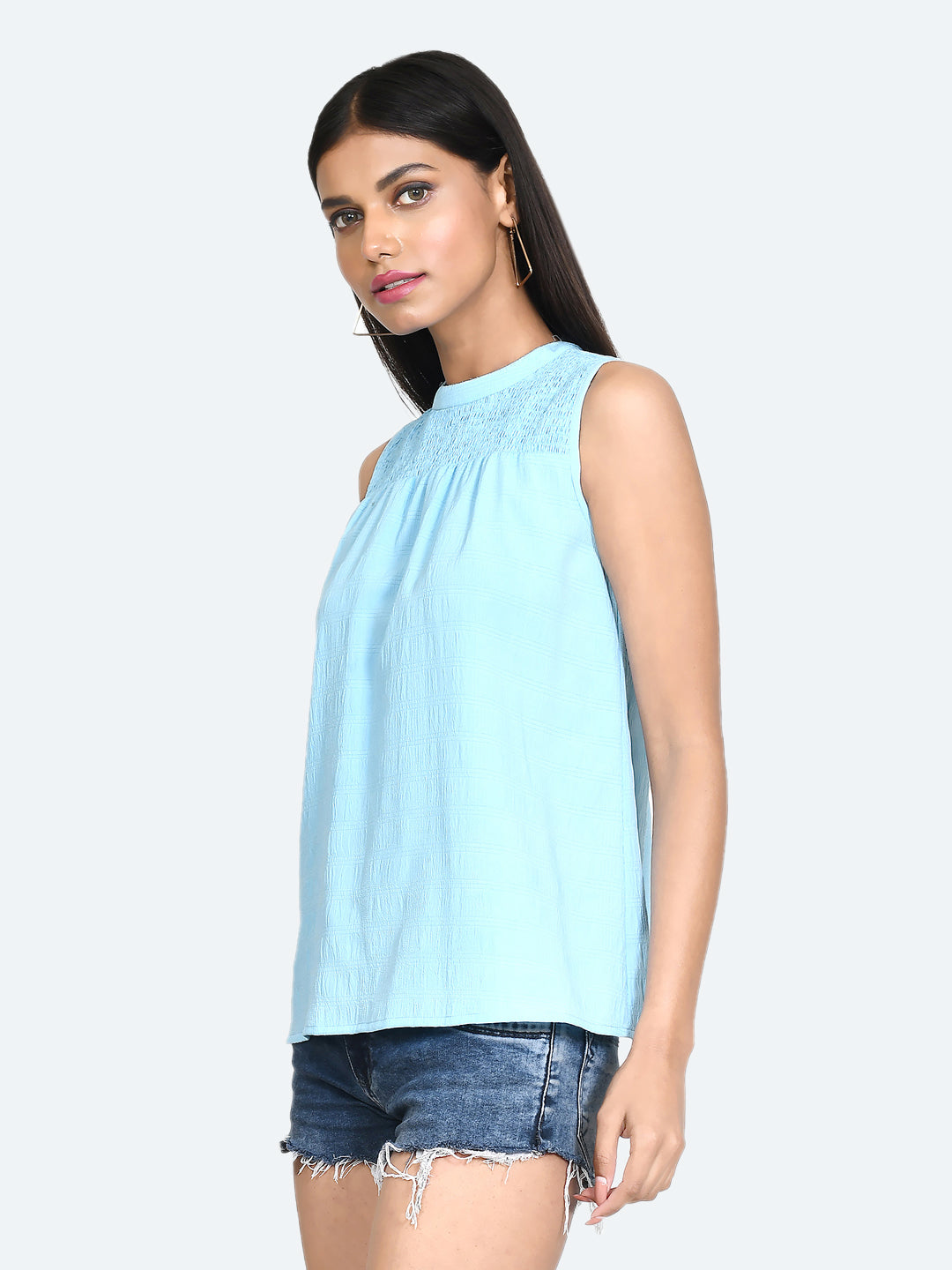 Blue Solid Gathered Top For Women