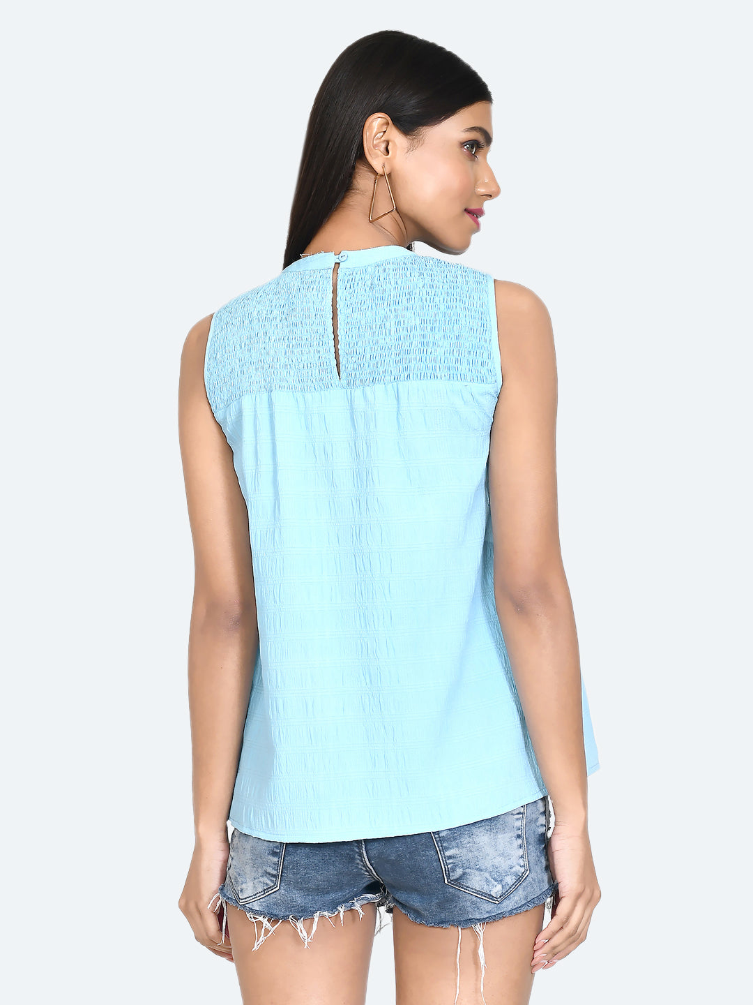 Blue Solid Gathered Top