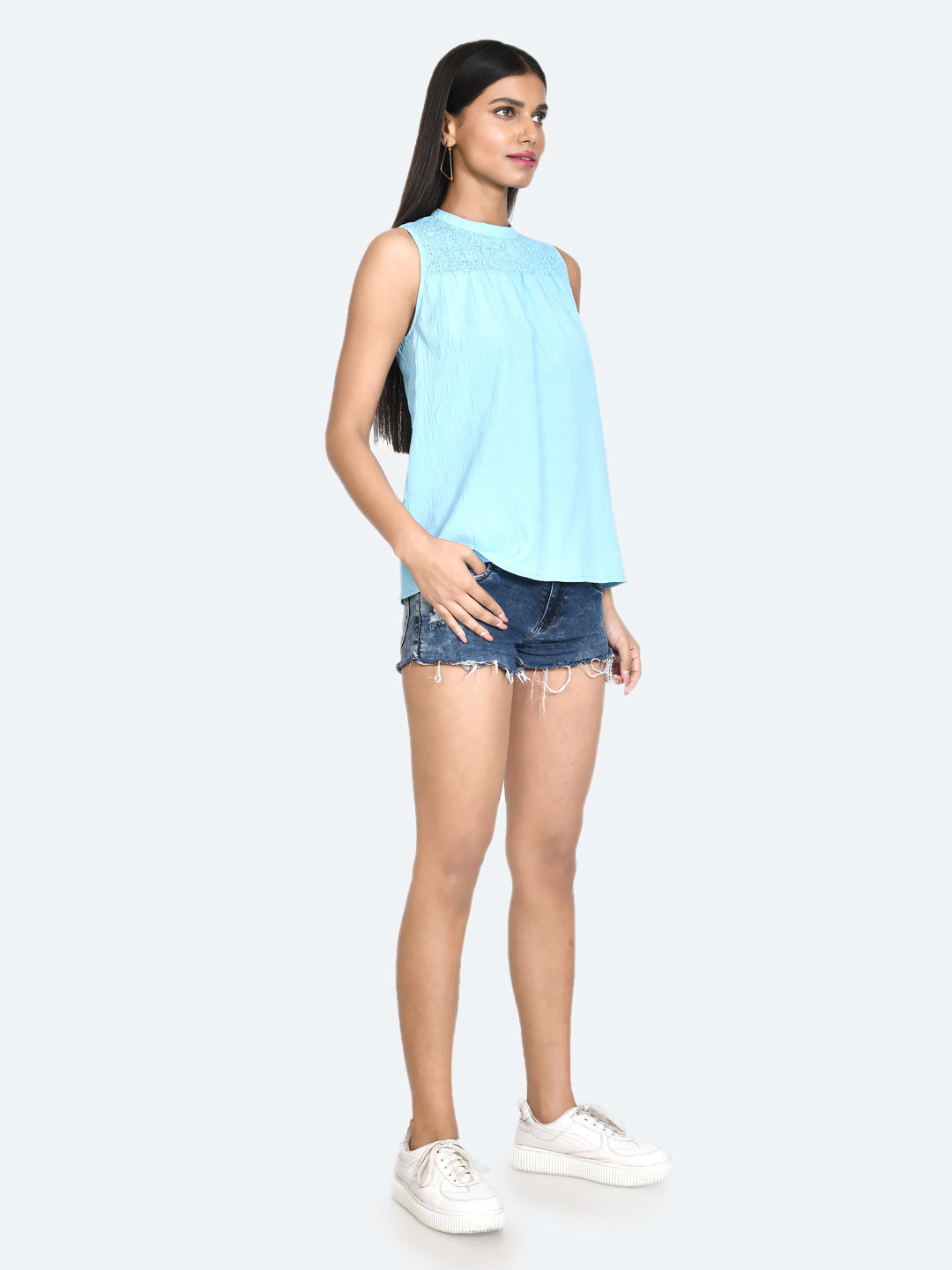 Blue Solid Gathered Top