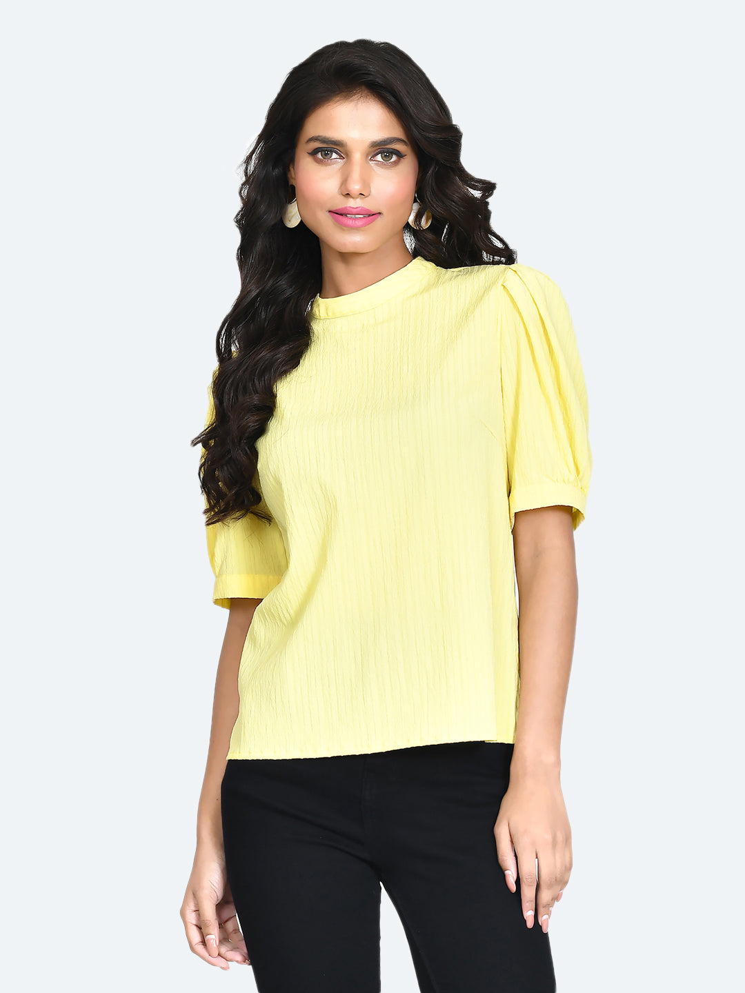 Yellow Solid Puff Sleeve Top For Women