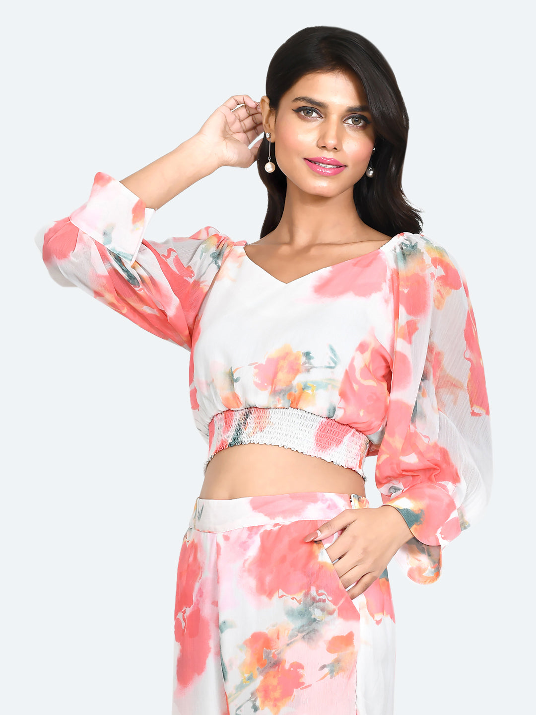 White Floral Print Cropped Top For Women