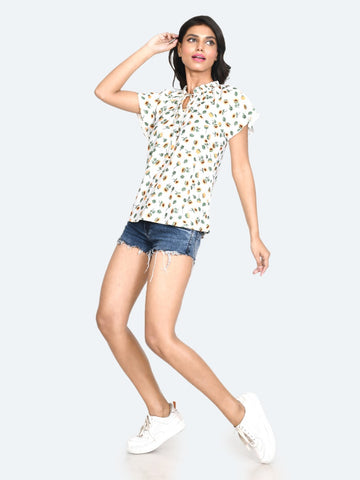 White Floral Print Tie-Up Top For Women