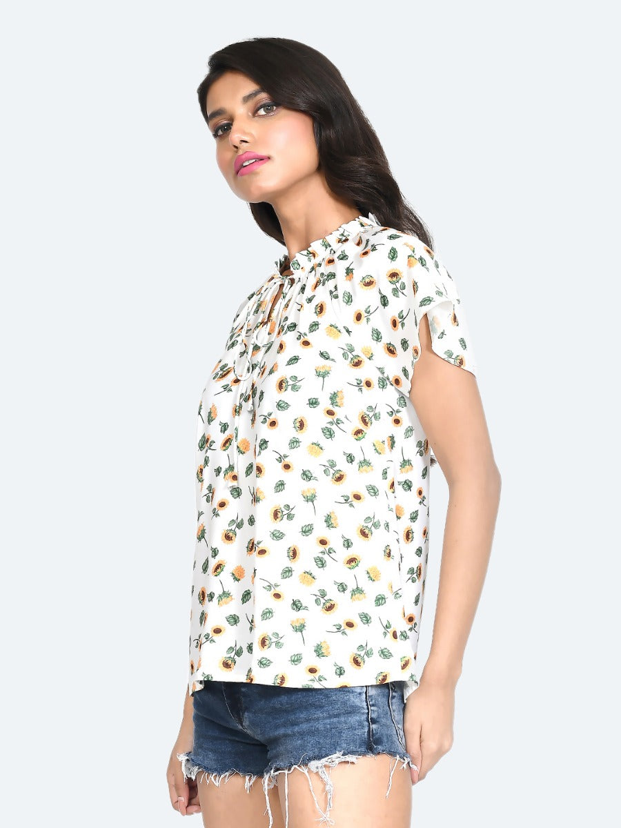 White Floral Print Tie-Up Top For Women
