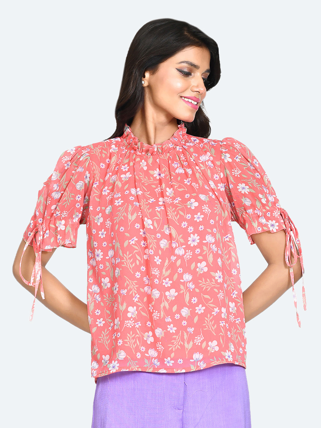 Pink Floral Print Puff Sleeve Top