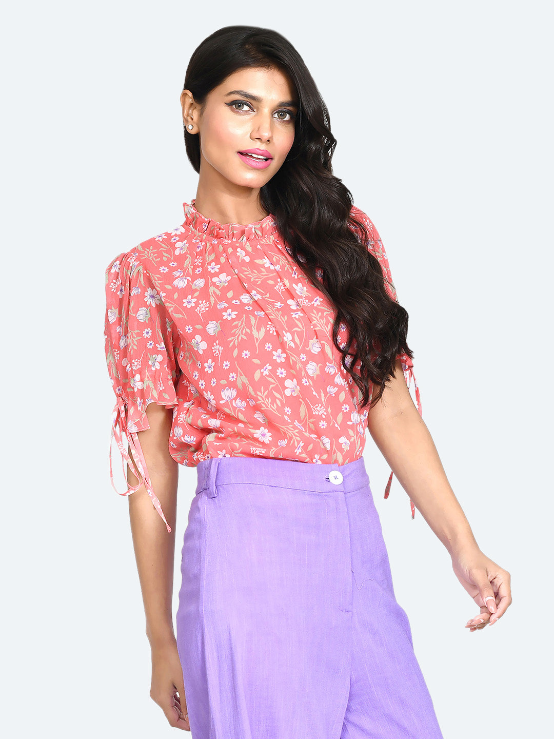 Pink Floral Print Puff Sleeve Top For Women
