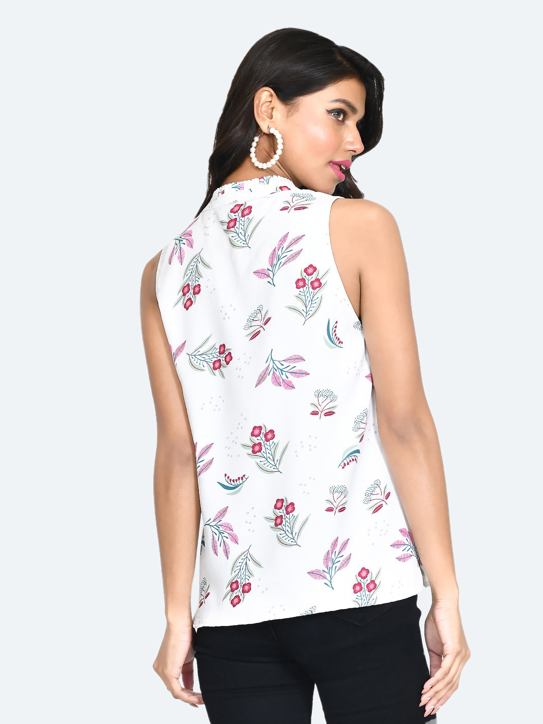 White Floral Print Straight Top