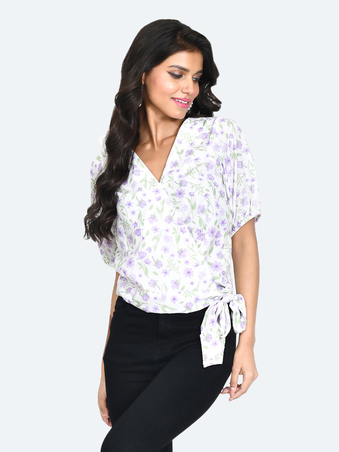 White Floral Print Tie-Up Top