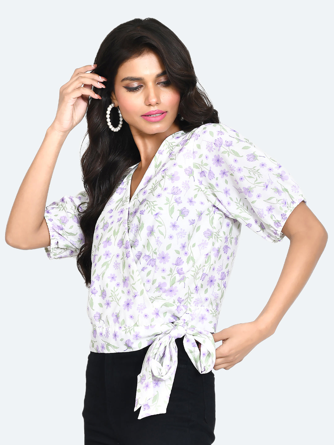 White Floral Print Tie-Up Top