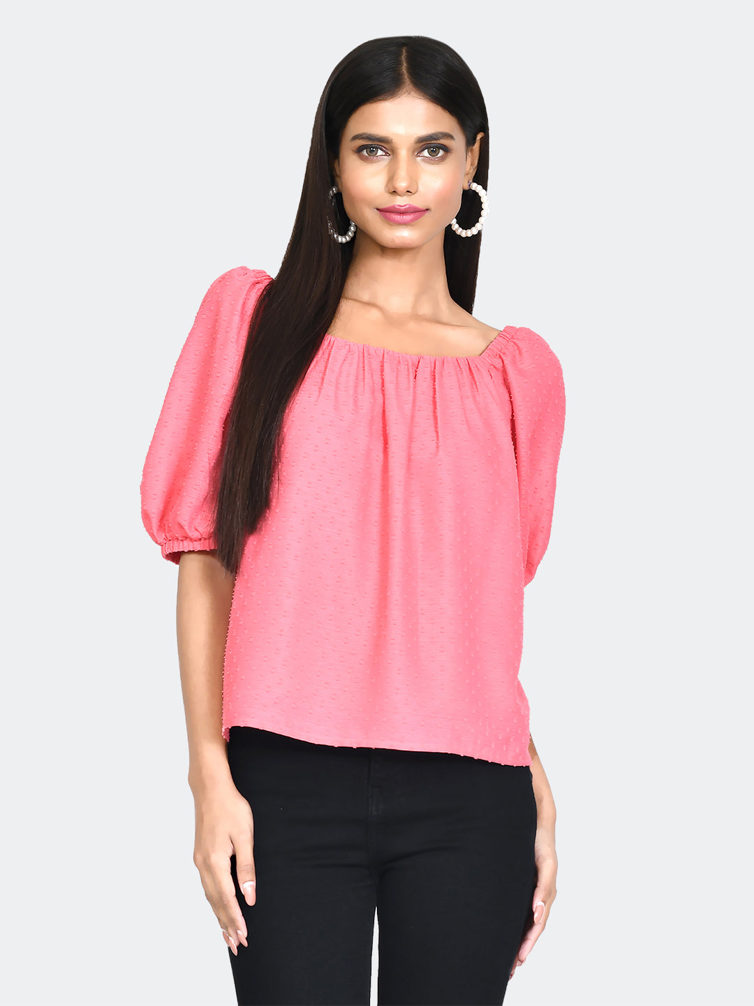 Pink Self Design Tie-Up Top