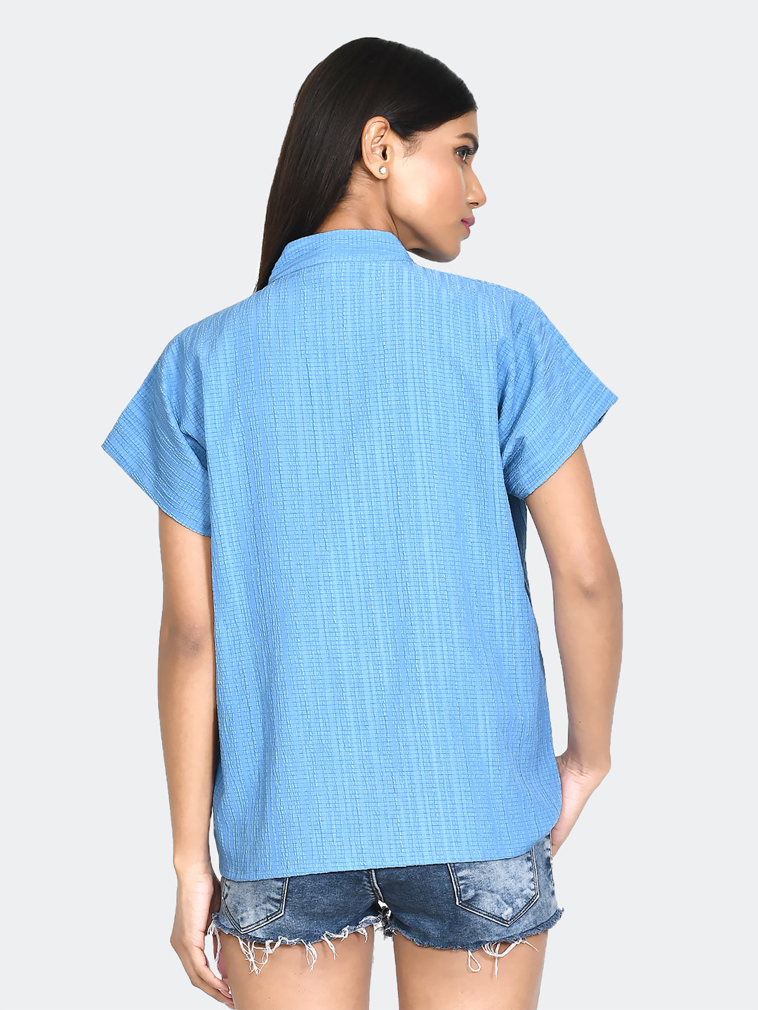 Blue Self Design Kimono Shirt For Women