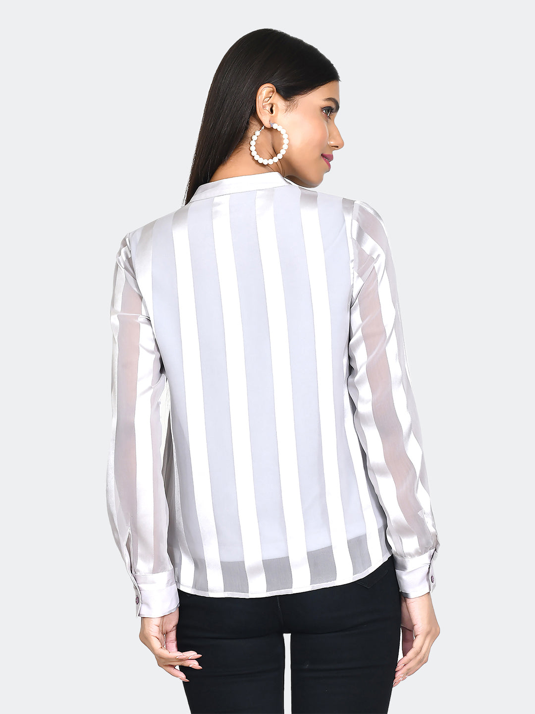Grey Striped Straight Top For Women