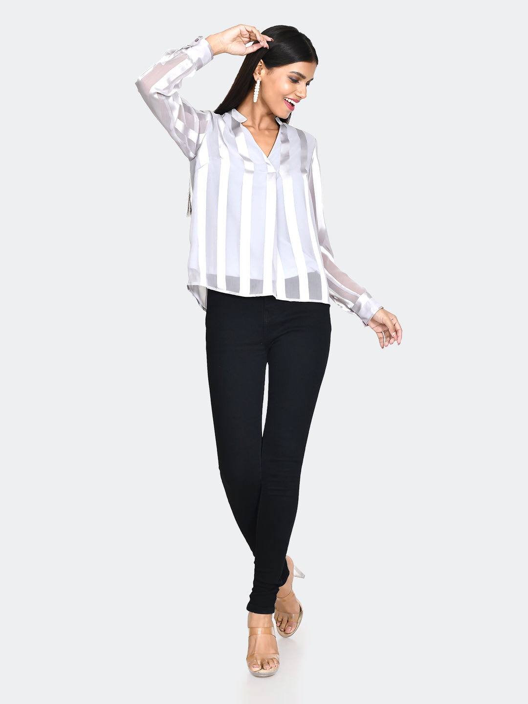 Grey Striped Straight Top For Women