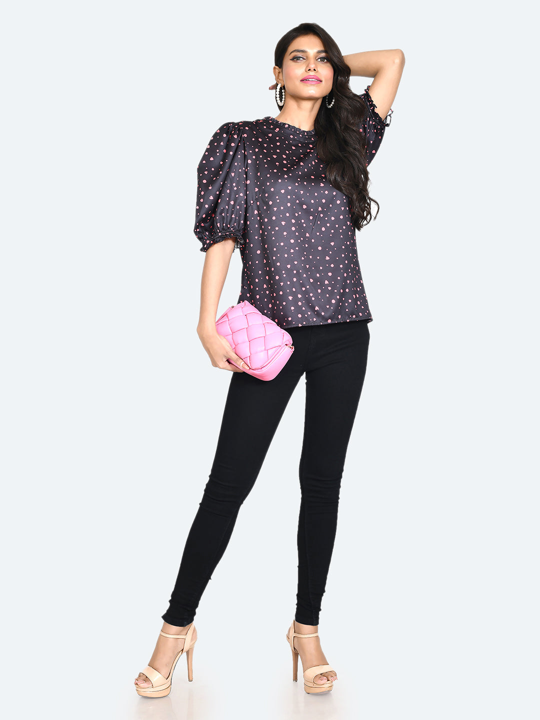 Black Printed Frill Top