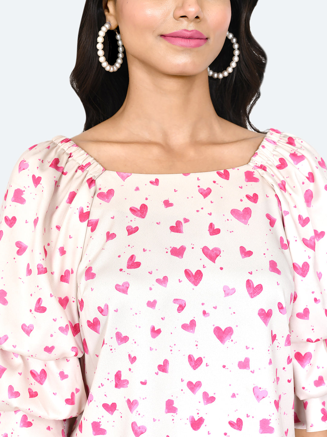 Off White Printed Puff Sleeve Top For Women