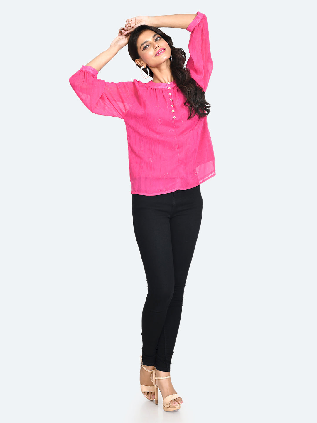 Pink Solid Buttoned Top For Women