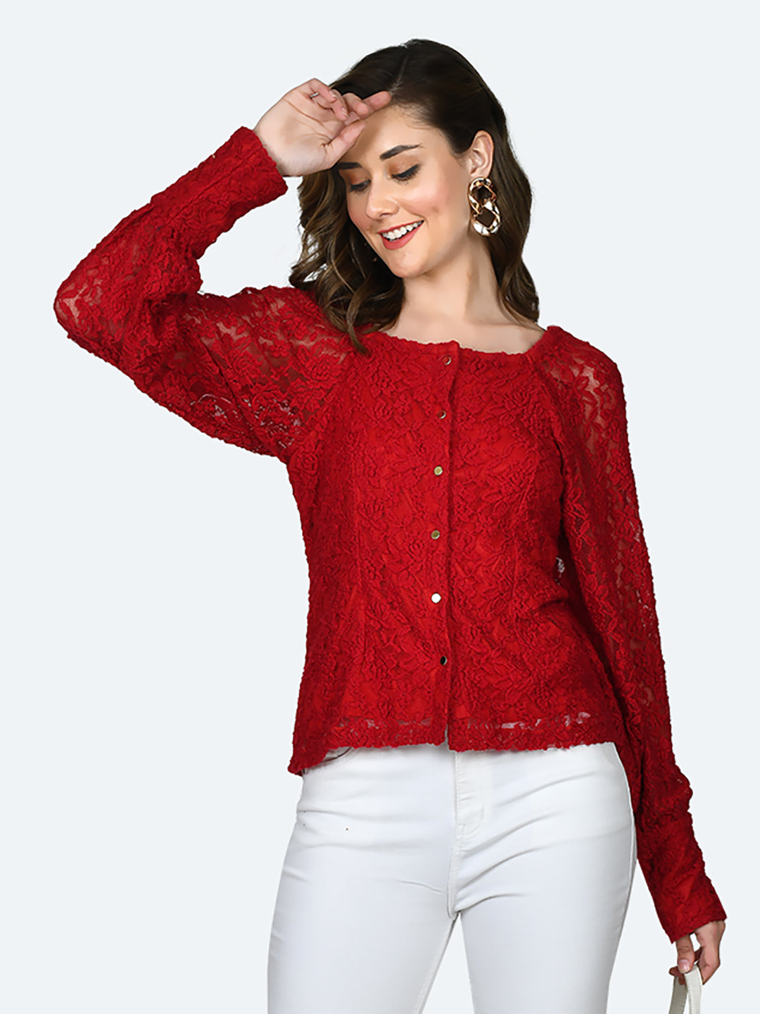 Red Lace Buttoned Top For Women