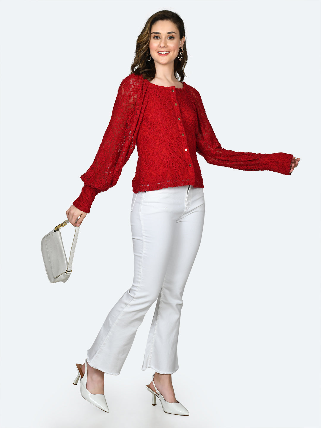 Red Lace Buttoned Top For Women
