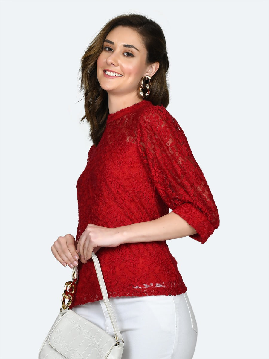 Red Lace Fitted Top For Women