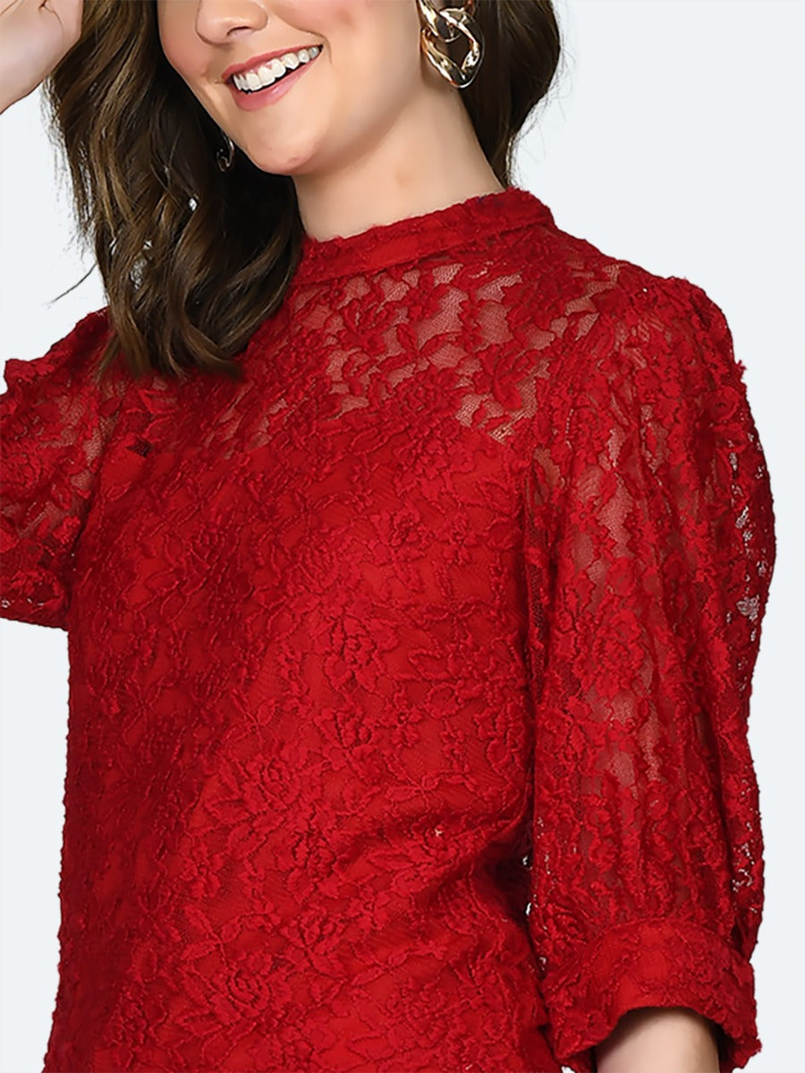 Red Lace Fitted Top For Women