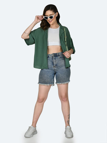 Green Solid Oversized Shirt For Women