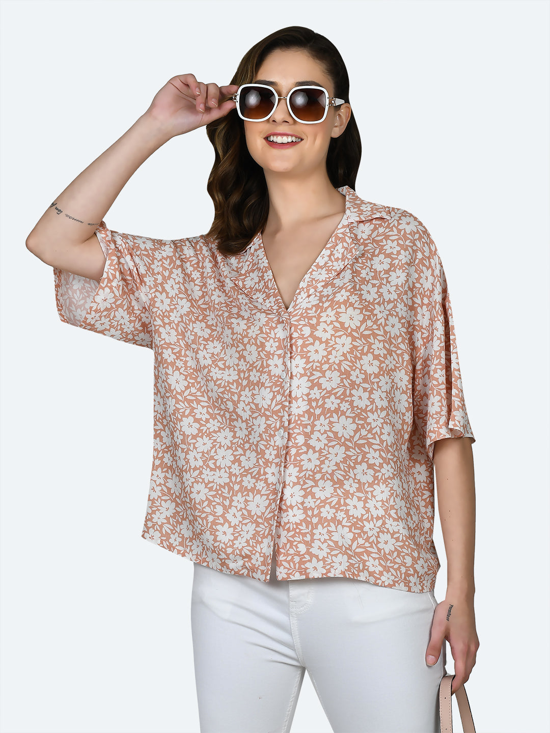 Peach Printed Oversized Shirt