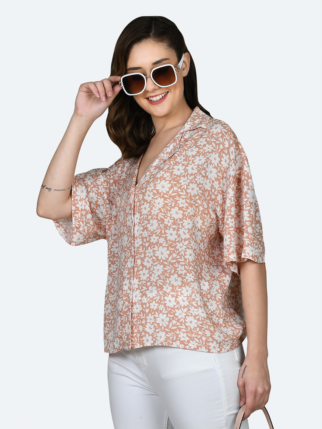 Peach Printed Oversized Shirt