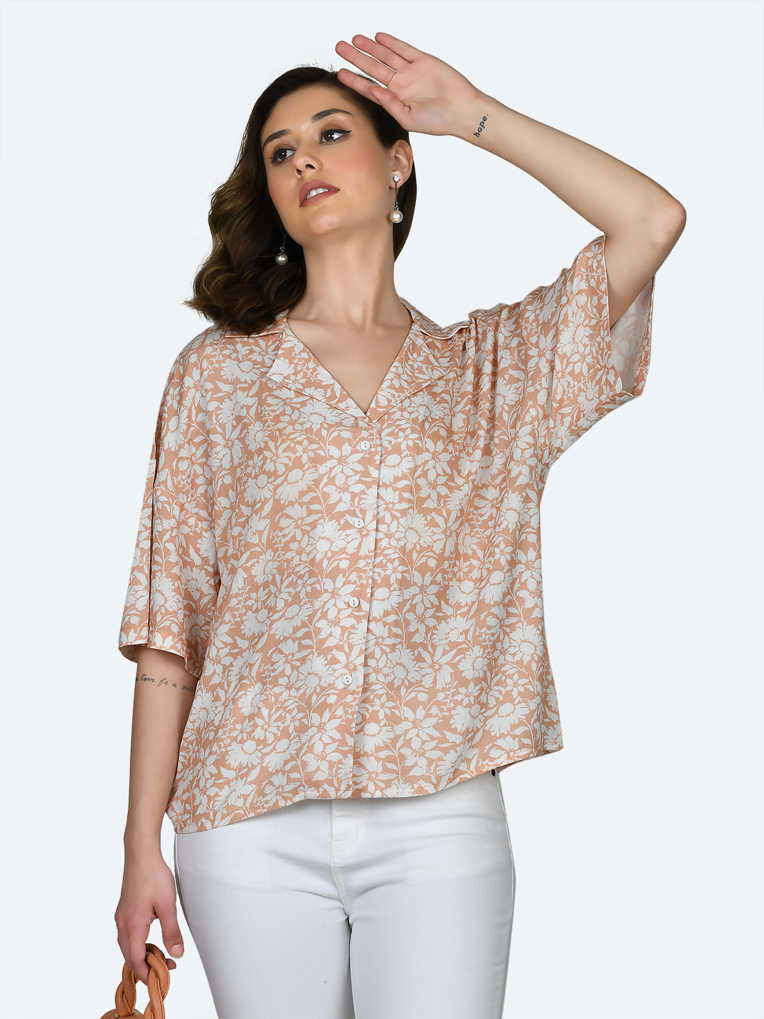 Peach Printed Oversized Shirt