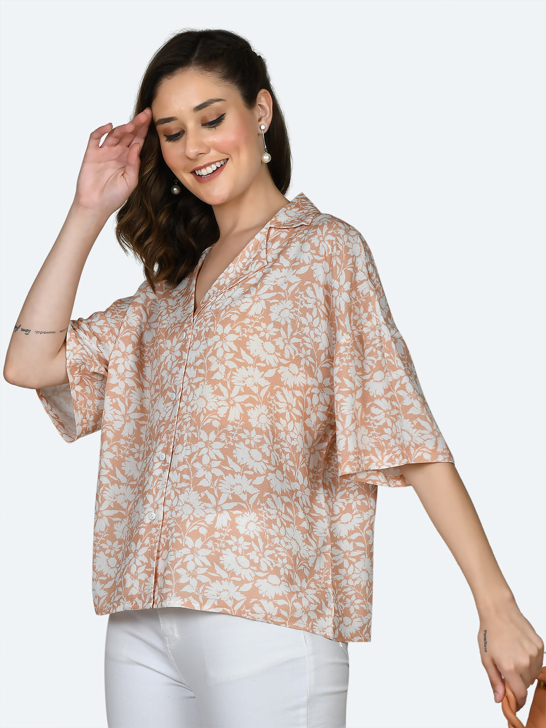 Peach Printed Oversized Shirt