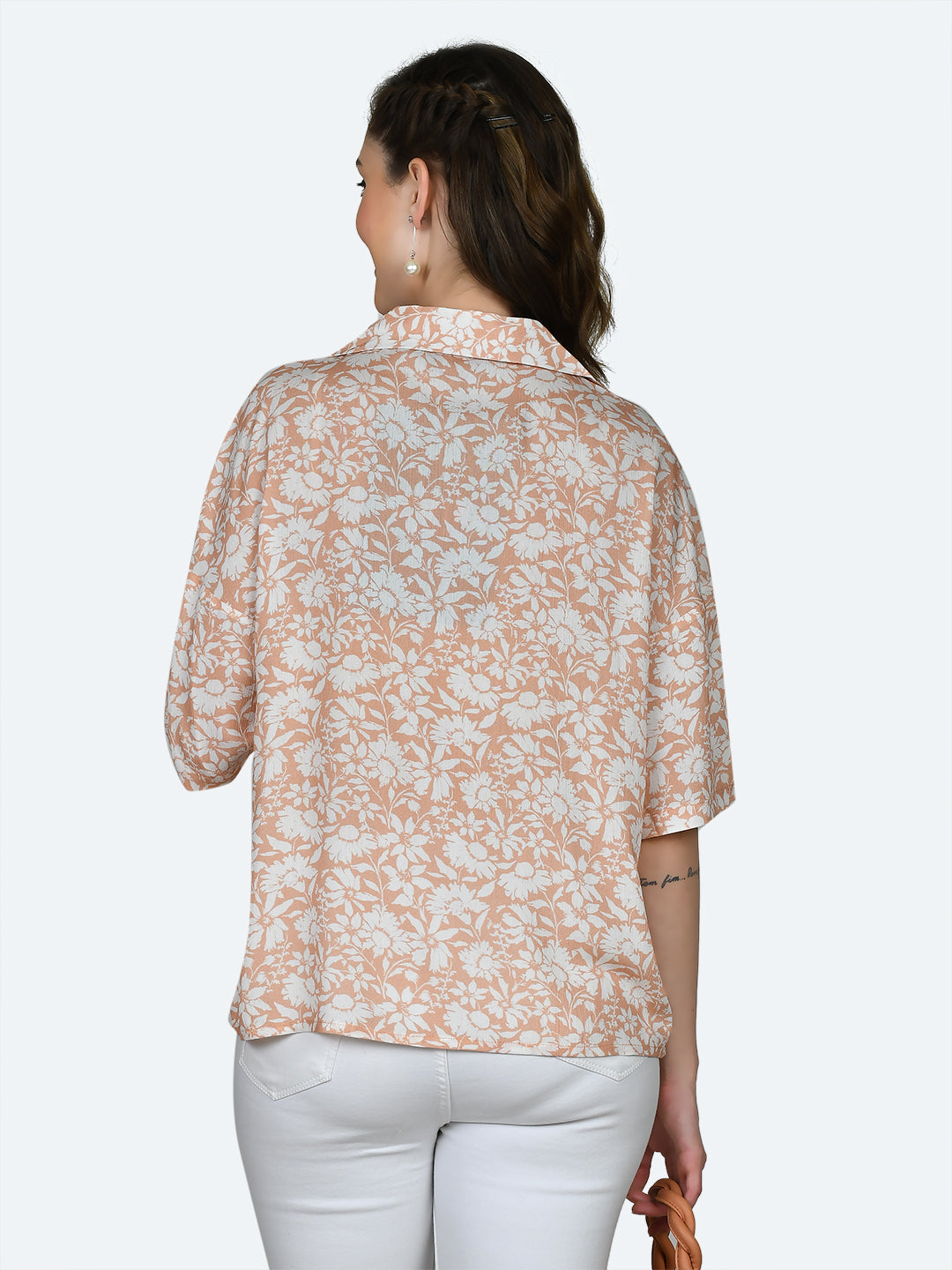 Peach Printed Oversized Shirt For Women