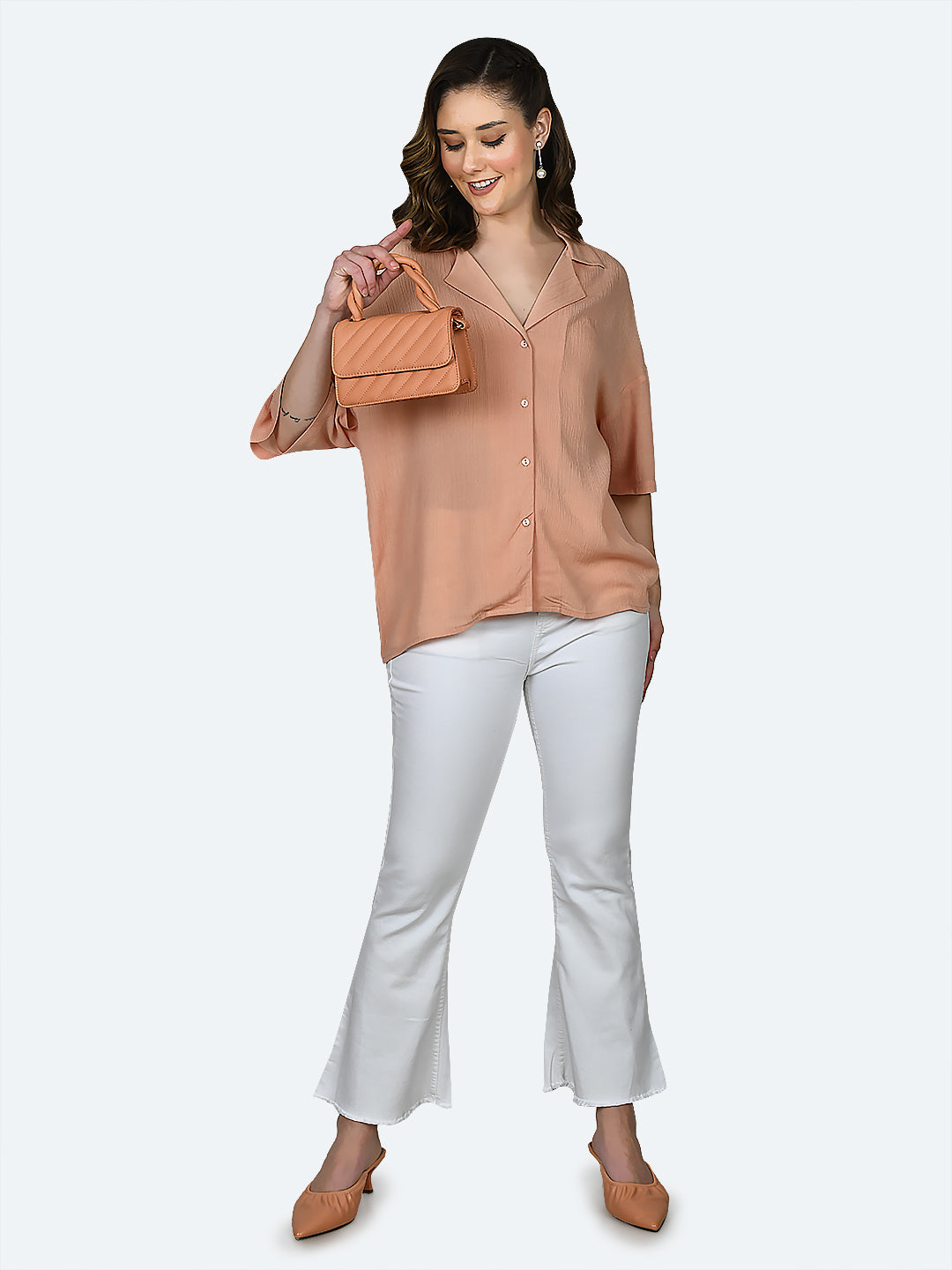 Peach Solid Oversized Shirt For Women