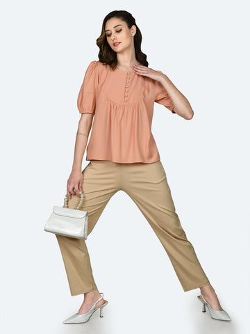 Peach Solid Gathered Top For Women