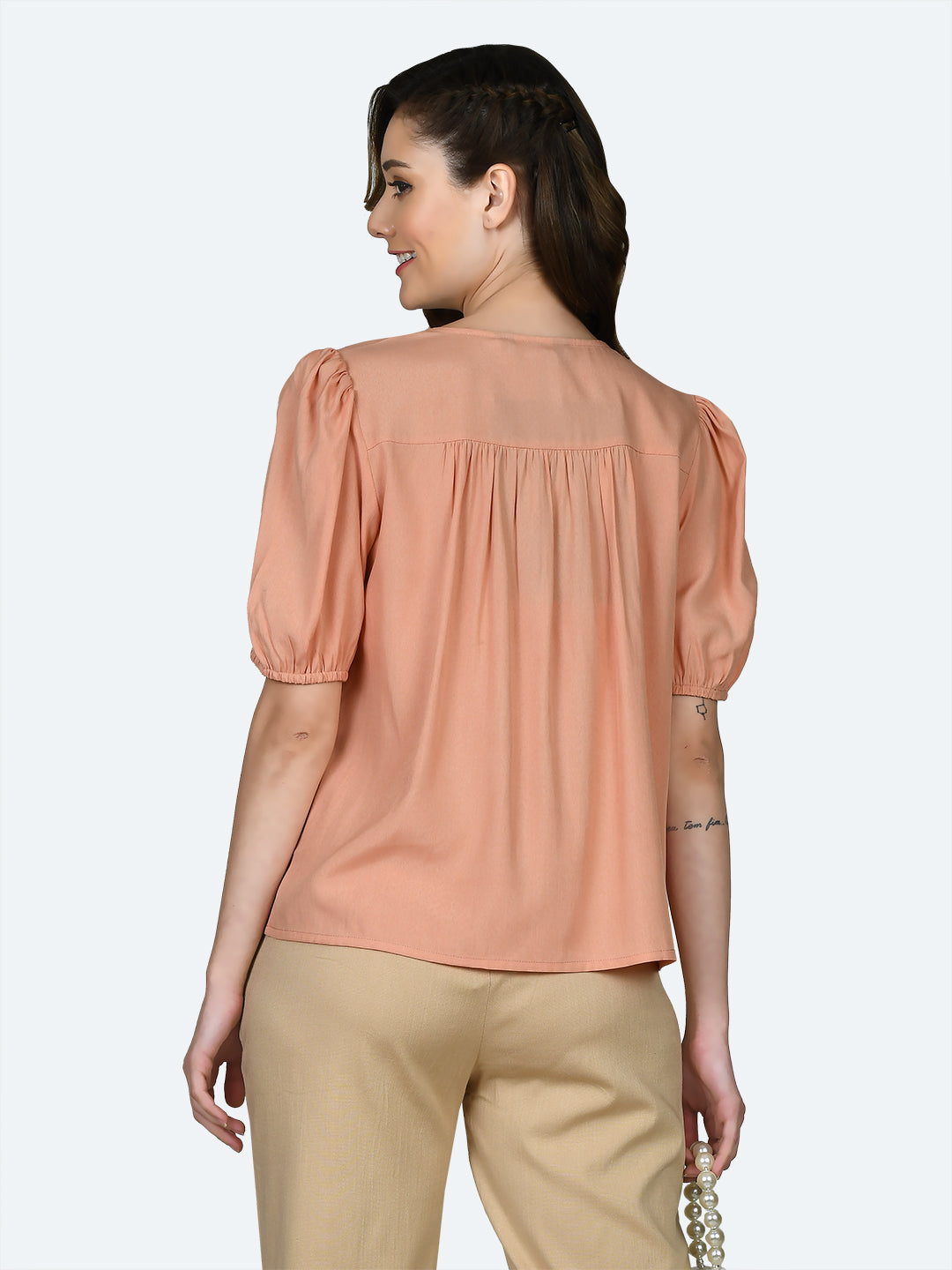 Peach Solid Gathered Top For Women