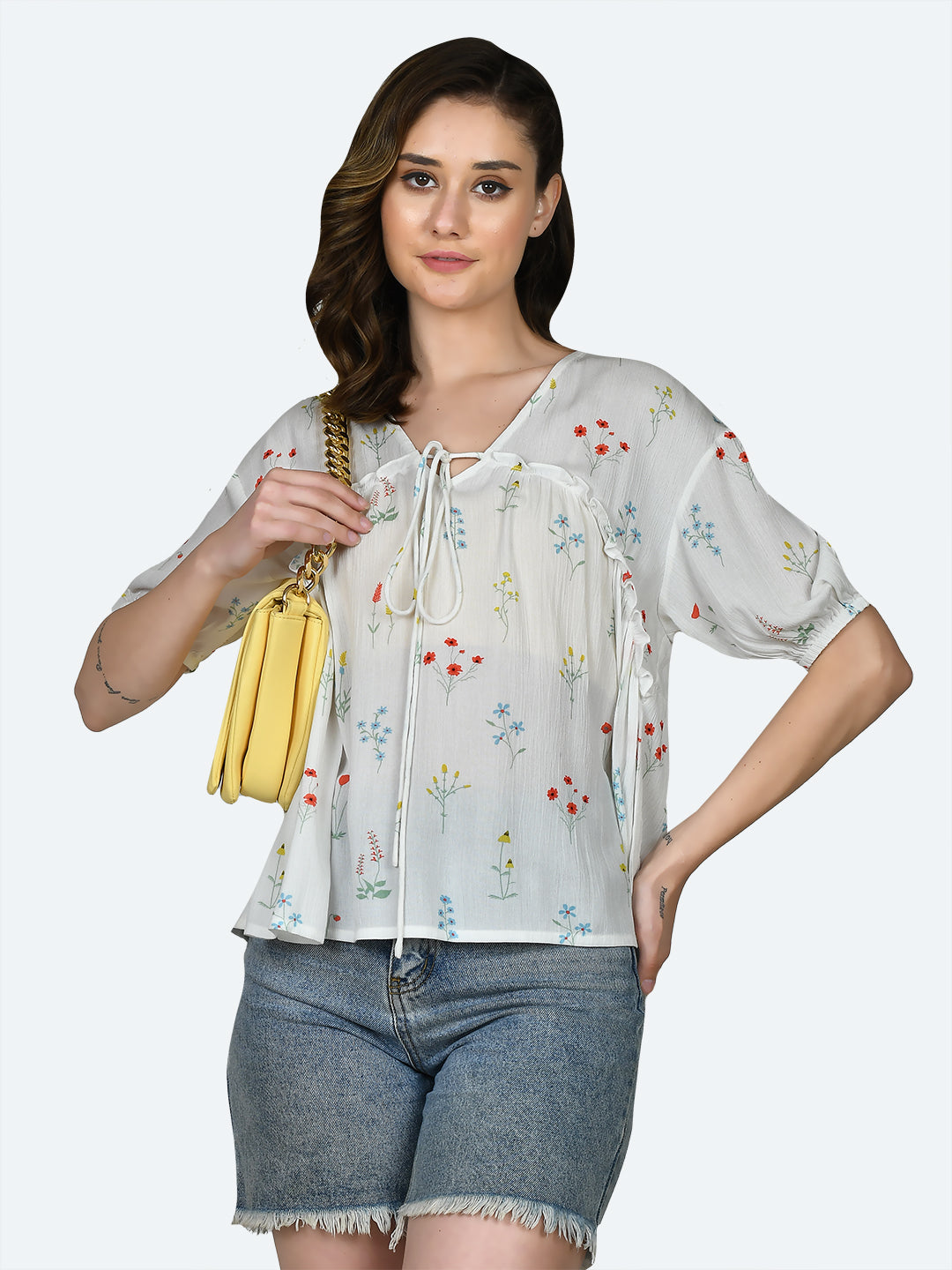 White Printed Frill Top For Women