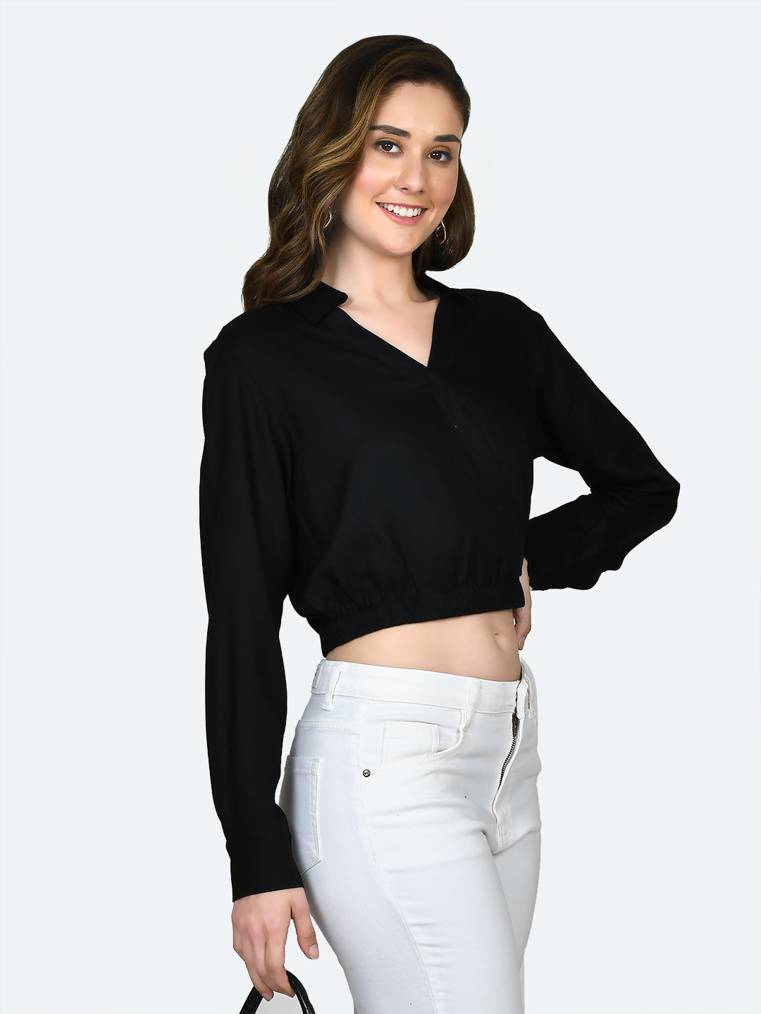 Black Solid Elasticated Top For Women