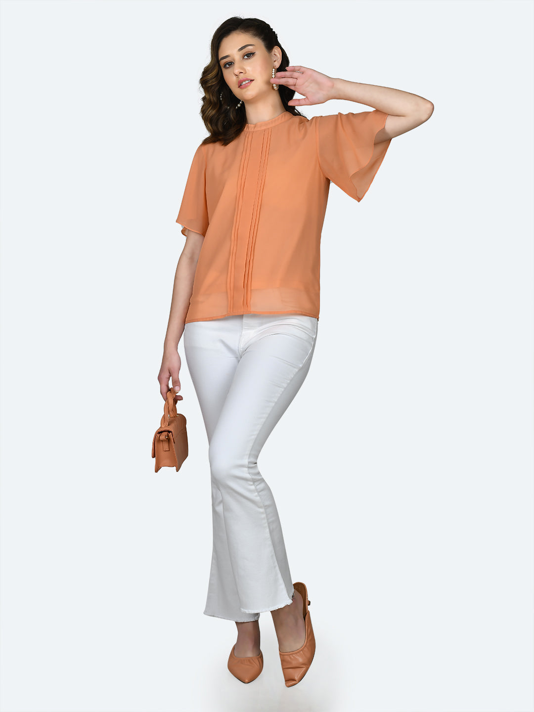Orange Solid Pleated Top For Women