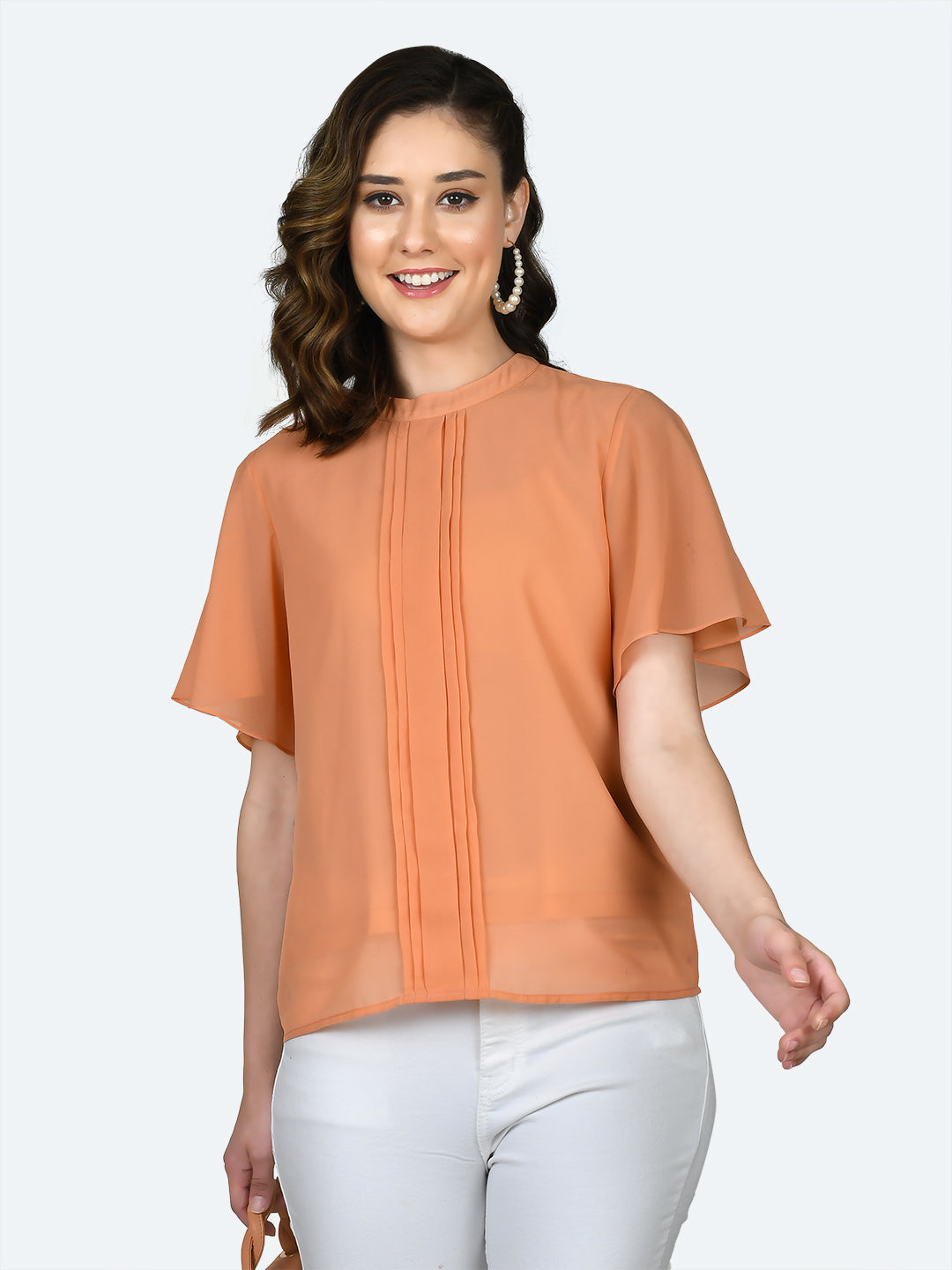 Orange Solid Pleated Top For Women