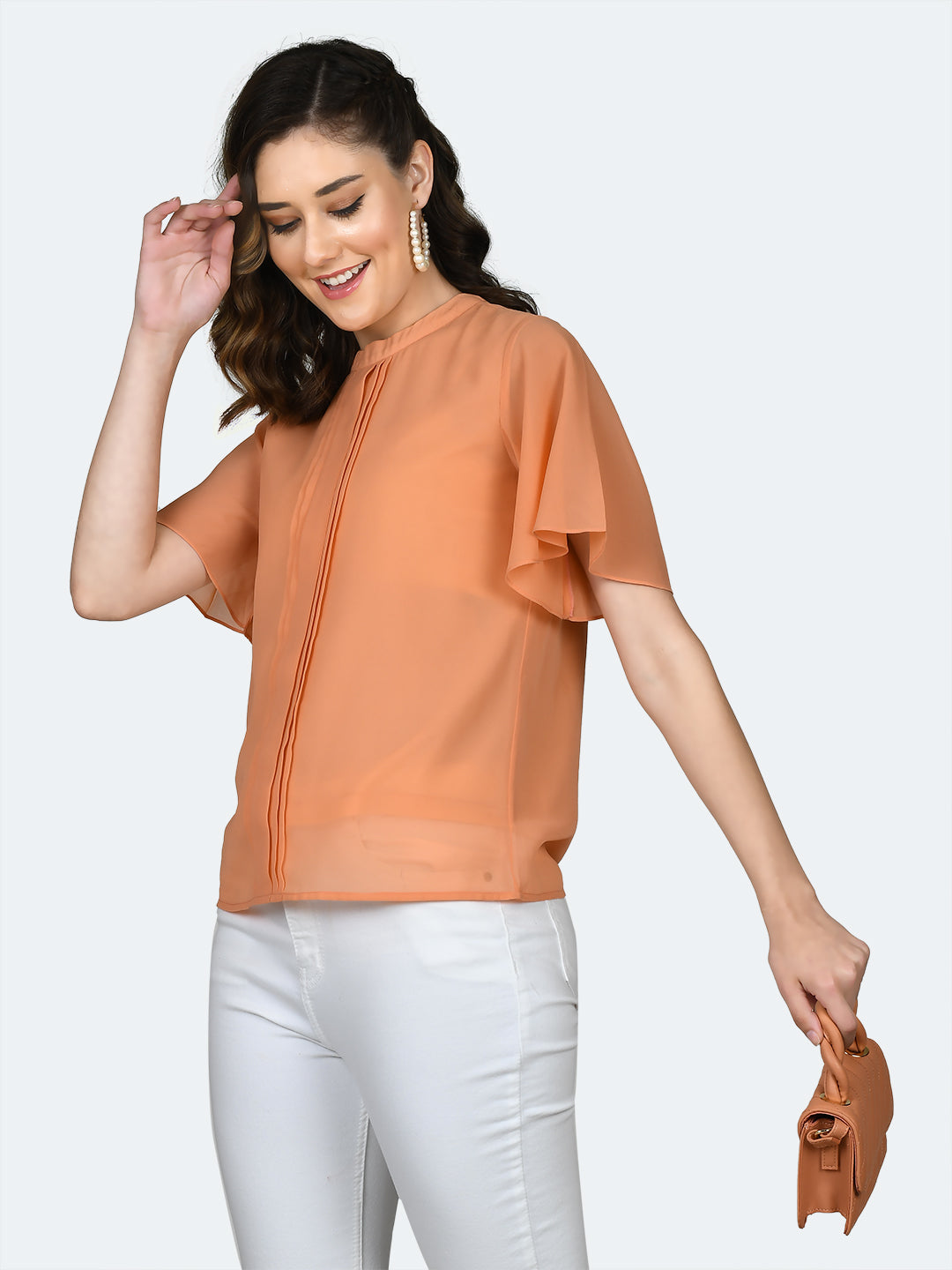 Orange Solid Pleated Top