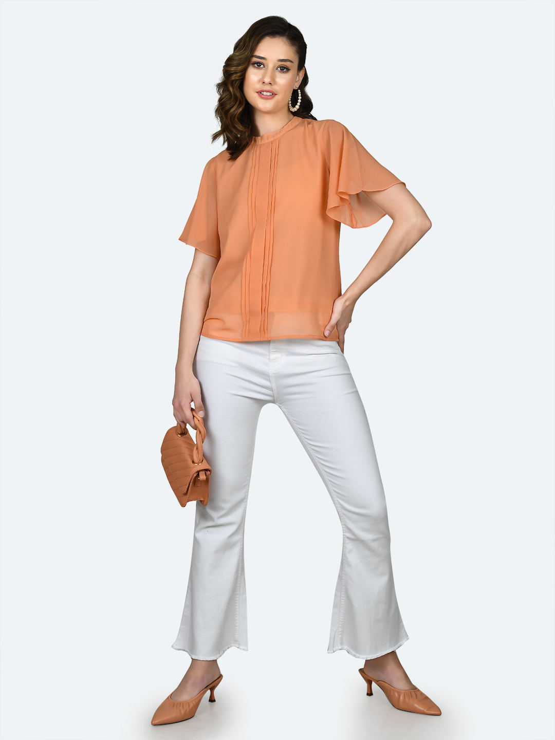 Orange Solid Pleated Top