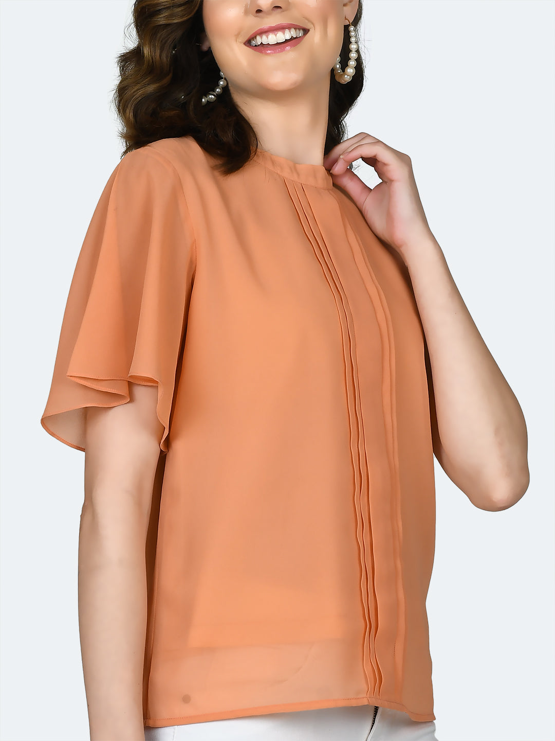 Orange Solid Pleated Top