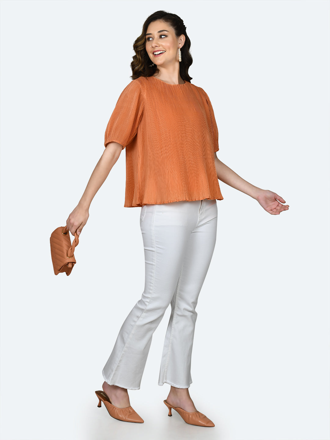 Orange Self Design Pleated Top