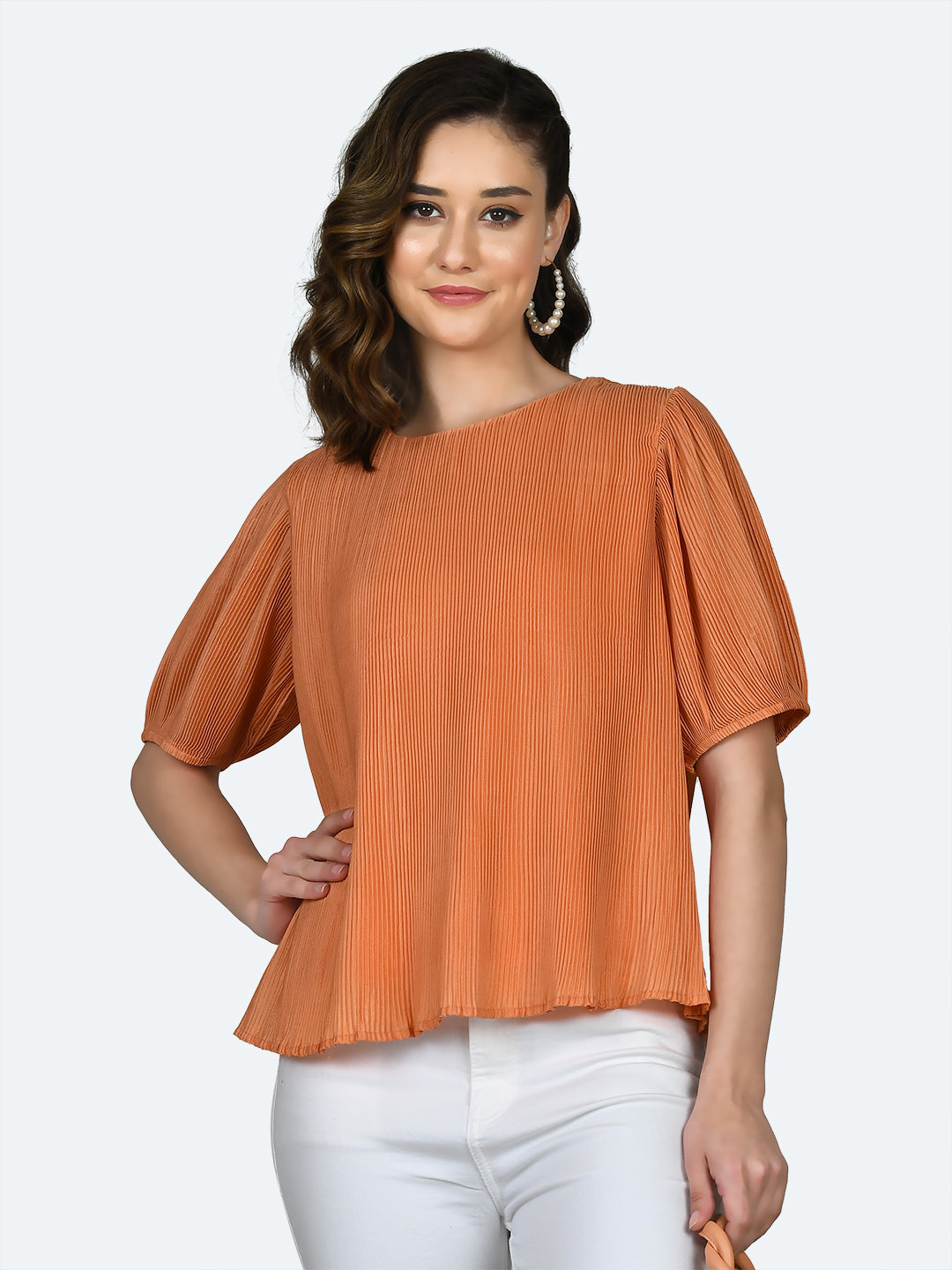 Orange Self Design Pleated Top