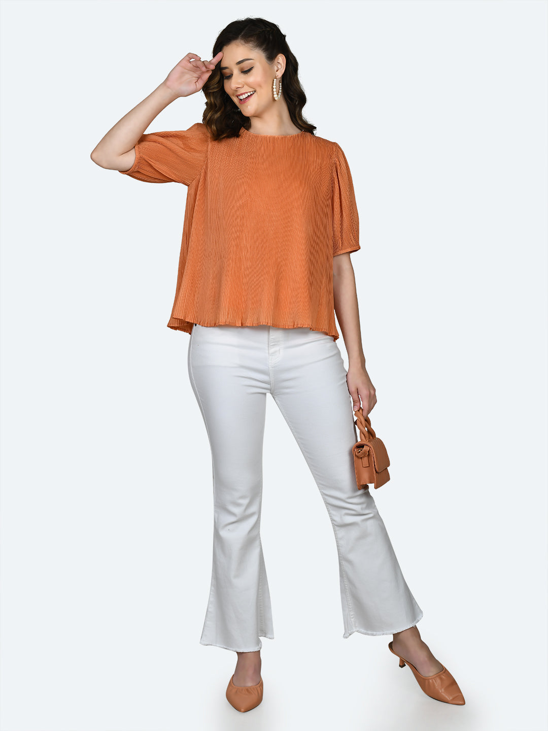 Orange Self Design Pleated Top