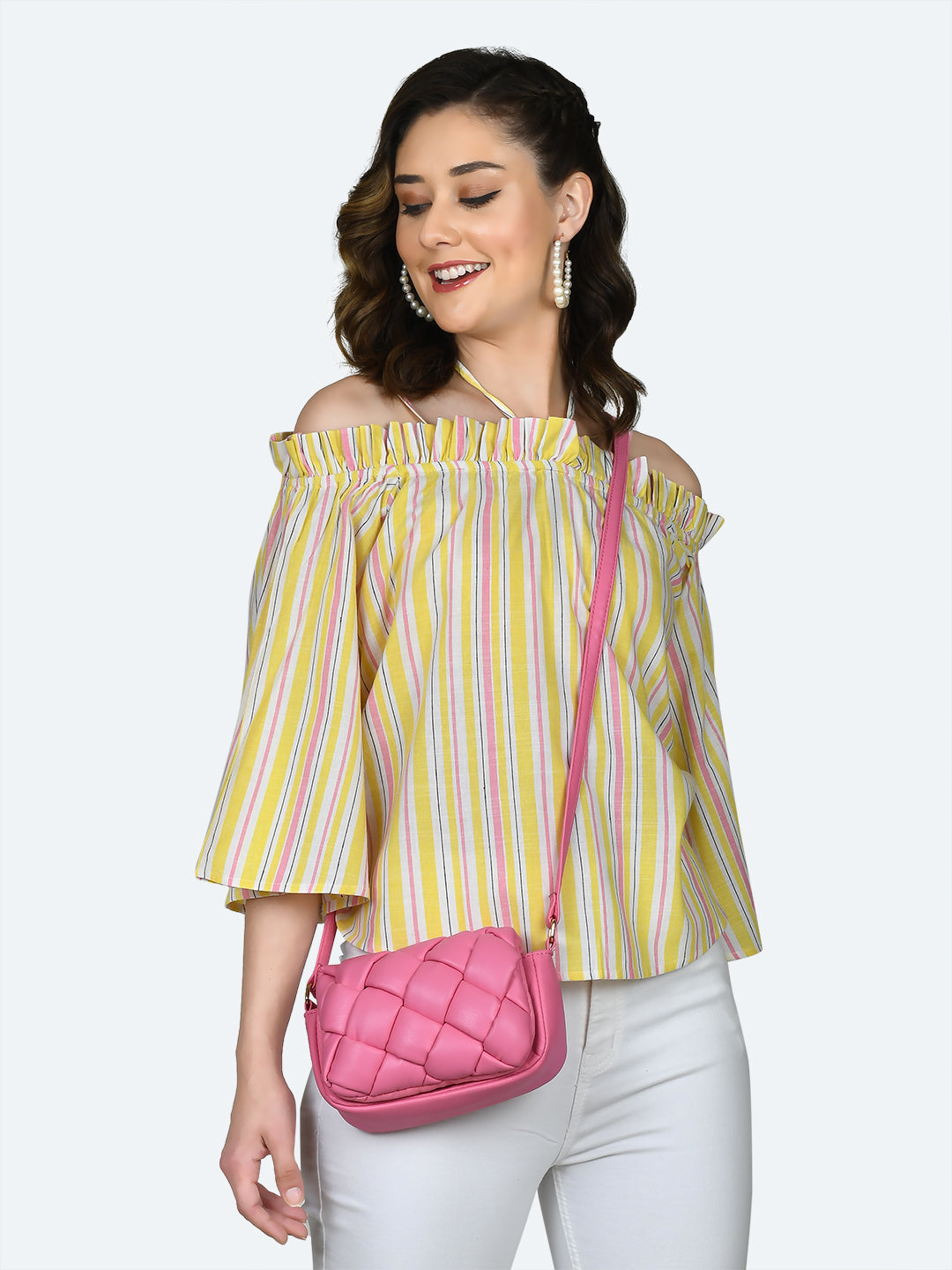 Multicolored Striped Offhoulder Top For Women